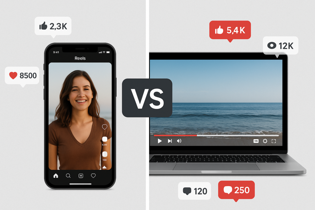 Split-screen image showing a smartphone on the left playing an Instagram Reel vertically with a smiling woman, and a laptop on the right displaying a horizontal YouTube video of an ocean scene. Surrounding both devices are engagement icons like likes, comments, and views, highlighting user interaction.
